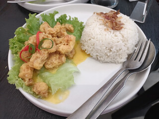 delicious Chicken Salted Egg served with rice and mayonaise sauce