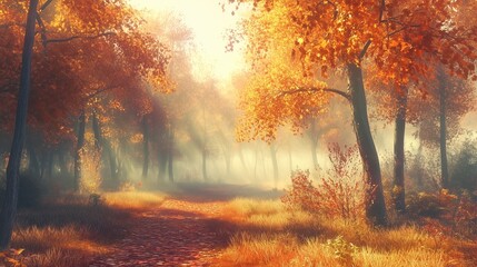 Yellow scent dark pine forest with foggy mysterious effect nature park