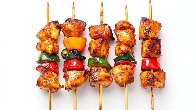 Bar b q tikka with vegetable on wooden sticks isolated on white background, Grilled chicken