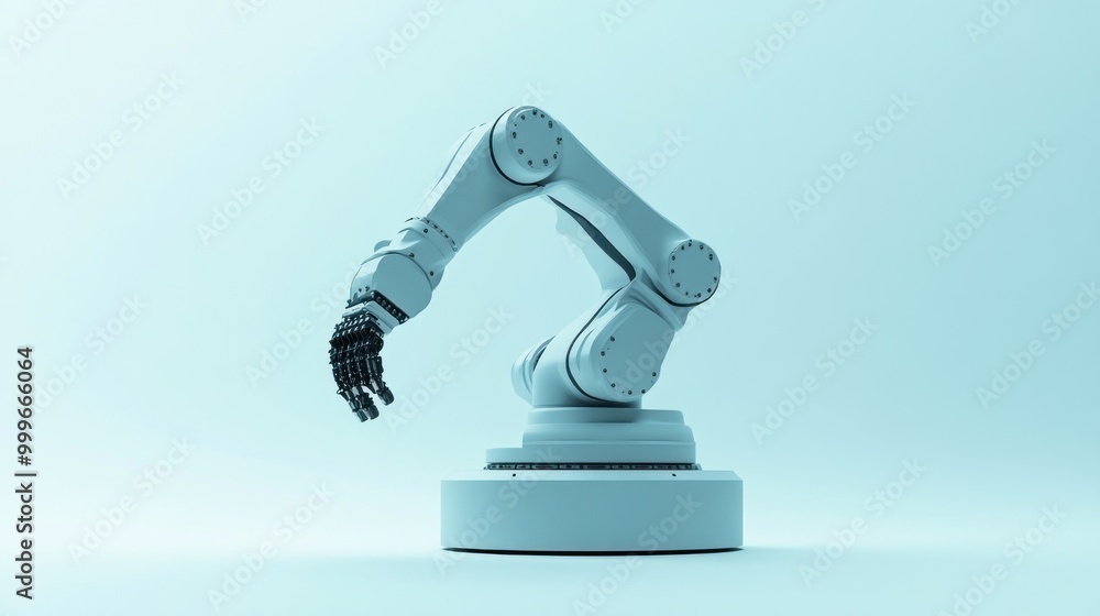 Poster a robotic arm displayed on a pedestal, showcasing advanced technology and automation.