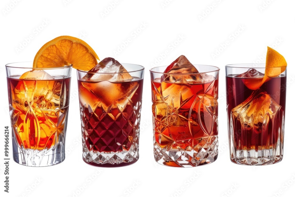 Poster a row of glasses filled with different types of drinks, ideal for use in illustrations or advertisem