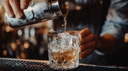 Bartender pouring a drink into a glass with ice.