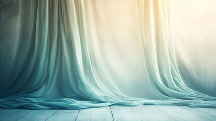 Elegant Blue Curtains in Soft Light Against Textured Wall with Wooden Floorboards