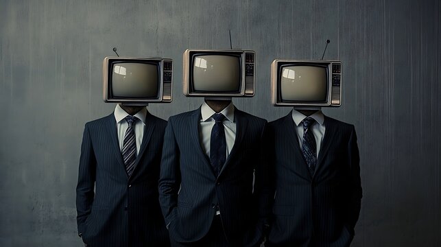 Three men with tv heads in suits symbolize brainwashing and media influence