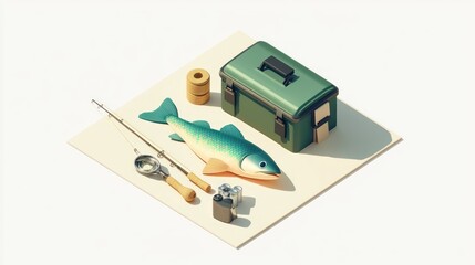 Fototapeta premium A fishing kit featuring a fish, rod, tackle box, and accessories for leisure fishing.