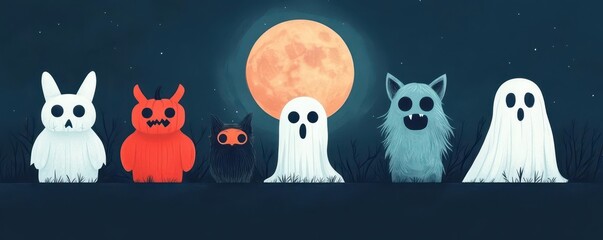 Halloween creatures lit by October full moon, spooky atmosphere, flat design illustration