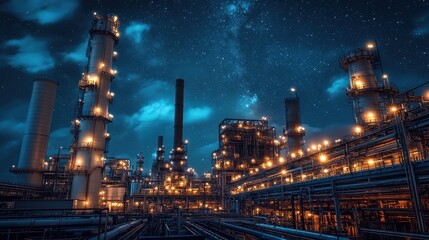 A nighttime industrial scene showcasing illuminated structures under a starry sky.