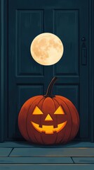 Obraz premium Halloween pumpkins lit by full moon, spooky October setting, flat design illustration