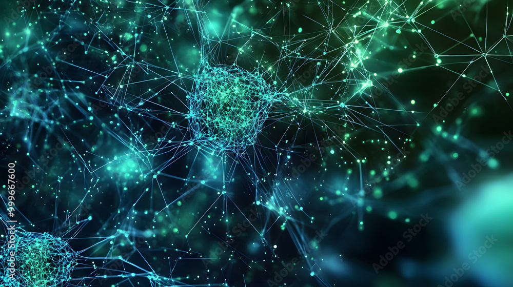 Poster abstract blue green technology background with a cyber network grid and connected particles. artific