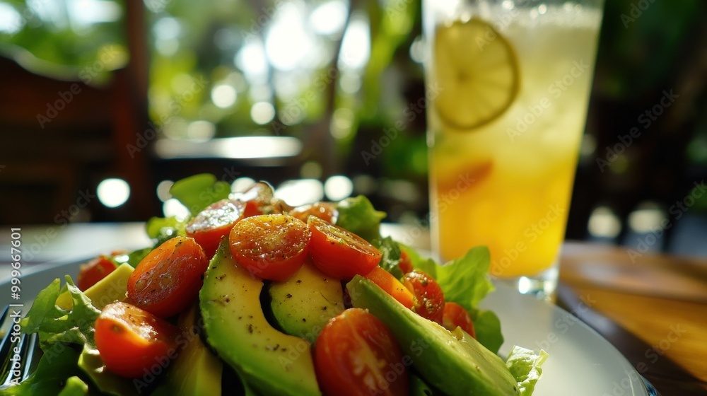 Poster A fresh salad with avocado and cherry tomatoes beside a refreshing drink.