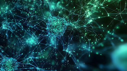 Abstract blue green technology background with a cyber network grid and connected particles. Artificial neurons, global data connections - Generative AI hyper realistic
