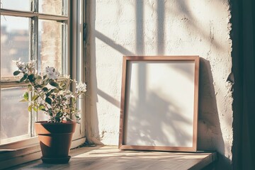 a blank frame leaned up against a window on a window sill