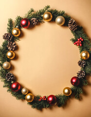 Christmas wreath against a beige background. Blank central area suitable for text or visual designs. Classic holiday wreath with green foliage, pinecones and red berries. 