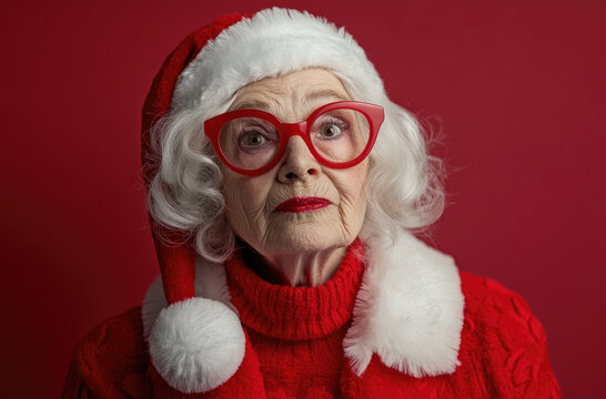 A white-haired grandmother with red glasses and lipstick, wearing the Santa Claus costume, looking directly at the camera
