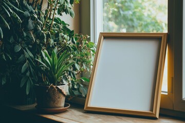 a blank frame leaned up against a window on a window sill