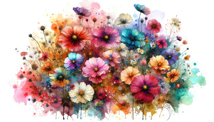 Dreamy colorful wild flowers in water color splash alcohol ink splash detail abstract