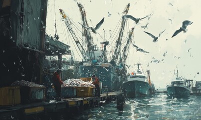 Fototapeta premium Fishing boats, seagulls, and men unloading fish.