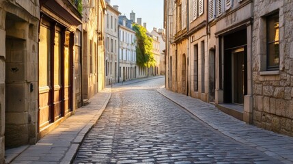 Obraz premium An empty cobblestone street in an old European city at dawn, with warm light filtering through ancient buildings.