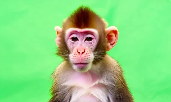 Cute fluffy animal monkey looking at camera. Isolated on green screen.