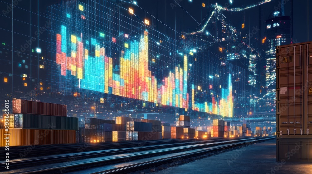 Poster a futuristic cityscape with vibrant data visualizations over shipping containers.