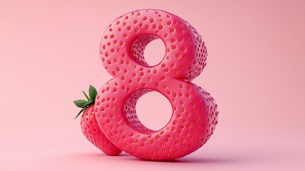The number 8 is framed by a red strawberry textured fruit for kids on solid background