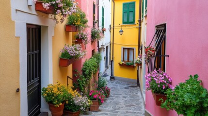 A cozy, narrow alley in a village, with colorful houses, flower boxes, and winding pathways.