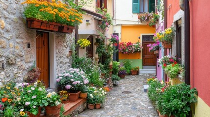 Naklejka premium A cozy, narrow alley in a village, with colorful houses, flower boxes, and winding pathways.