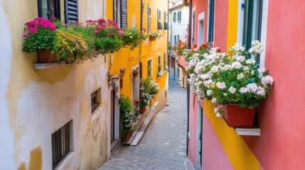 Fototapeta premium A cozy, narrow alley in a village, with colorful houses, flower boxes, and winding pathways.