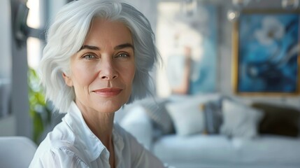 Fototapeta premium A highly detailed photorealistic portrait of a cheerful middle-aged woman with white hair