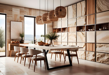 Interior of modern dining room with wooden walls, tiled floor, wooden cupboards and wooden table with chairs. AI generated