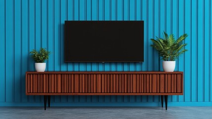A flat screen TV mounted on a blue wall with a wooden stand and two potted plants.