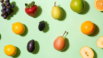 A variety of colorful fruit on a green background: oranges, lemons, pears, grapes, strawberries, and avocado.