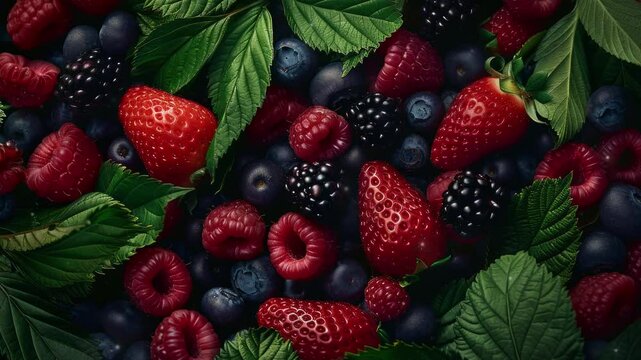 Close up of fresh berry fruit background with leaves, top view. Photorealistic high resolution macro photography for advertising or food design