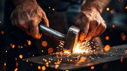 Close up of a blacksmith hammering hot metal with sparks flying.
