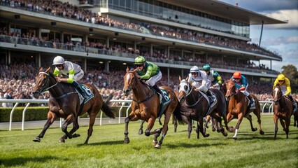 Thrilling Spring Horse Racing Festival, Racing Horses Charging on Verdant Track, Packed Stands Filled with Enthusiastic Fans.