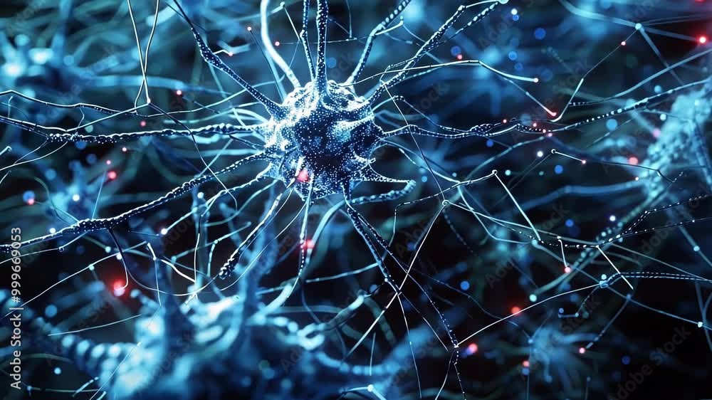 Poster 3d illustration of a neuron connecting with other neurons through its network of axons and dendrites