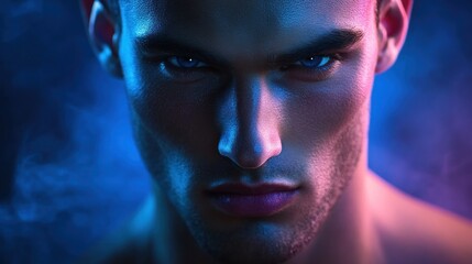 Intense portrait of a man with striking features and dramatic lighting.