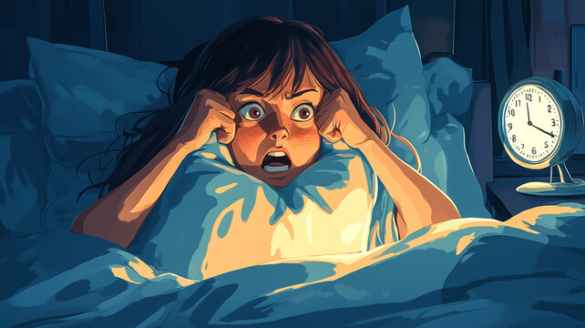 Frustrated Girl in Bed Covering Ears Against Alarm Clock Noise.
