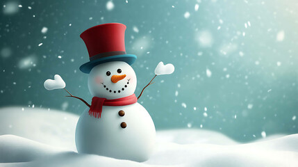 A cheerful snowman stands in the snow, wearing a red hat and scarf.