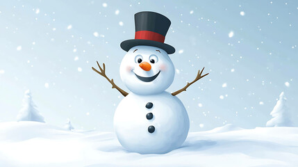 Fototapeta premium A cheerful snowman with a top hat smiles in a snowy winter scene.