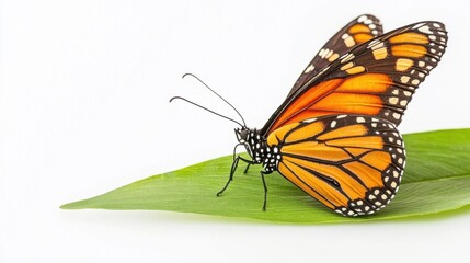 Obraz premium A bright orange monarch butterfly perched on a leaf, isolated on a white background.