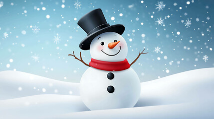 Fototapeta premium Happy snowman with black top hat and red scarf standing in snowy field with snow falling.