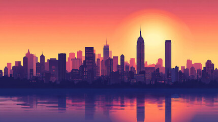 Fototapeta premium A vibrant city skyline is silhouetted against a sunset, reflecting in a calm body of water.