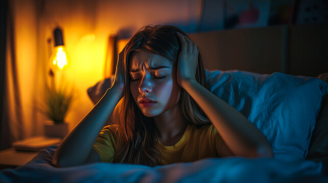 Girl Shielding Ears with Pillow in Bedroom Against Loud Alarm Sound.
