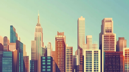 Fototapeta premium A colorful cartoon style cityscape with tall buildings against a light blue sky.