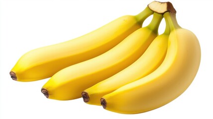 A bunch of ripe bananas, slightly curved and bright yellow, isolated on a white background.