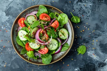 A plate of fresh vegetables including cucumbers, tomatoes, and onions