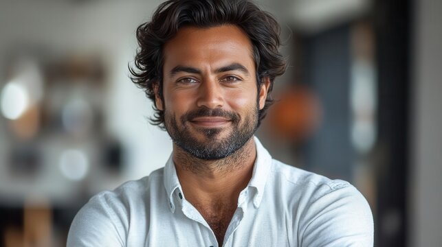 confident indian businessman in smart casual attire against white background warm smile folded hands professional yet approachable demeanor