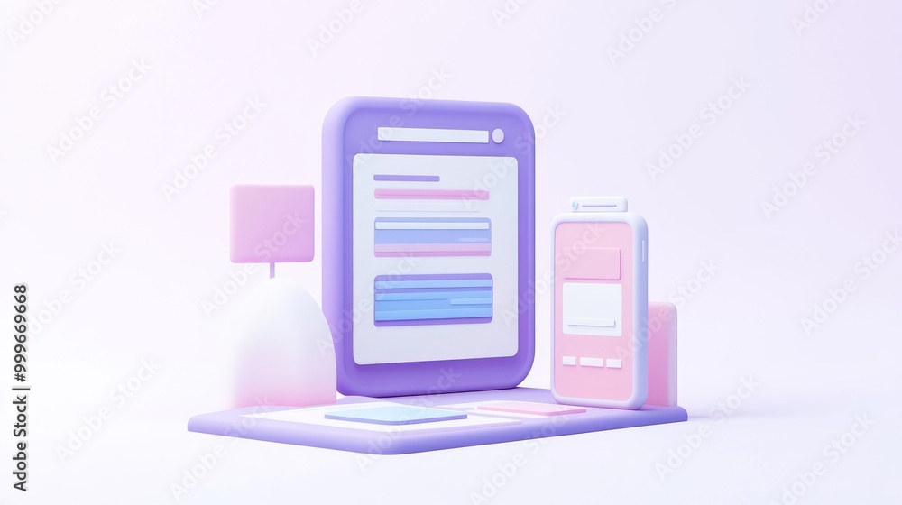 Aufkleber a stylized digital workspace featuring a computer screen and mobile device in pastel colors.
