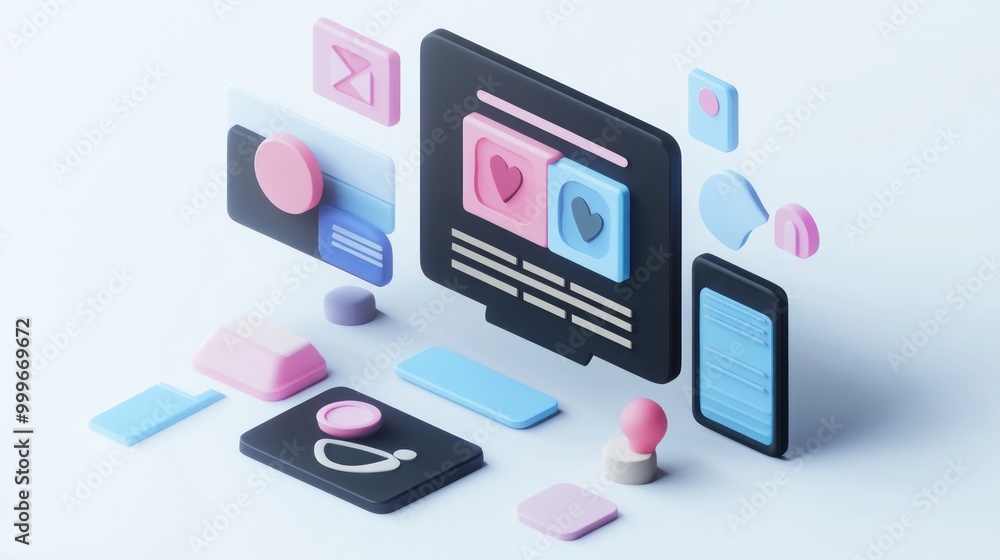 Poster a colorful 3d representation of digital user interface elements and icons.